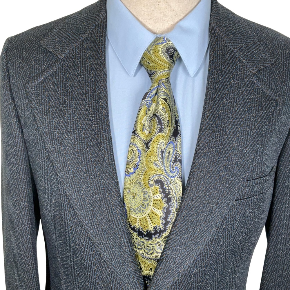 B Bonds Blazer Men 39R Blue Herringbone Two Button 70s Wide Lapel Polyester VTG